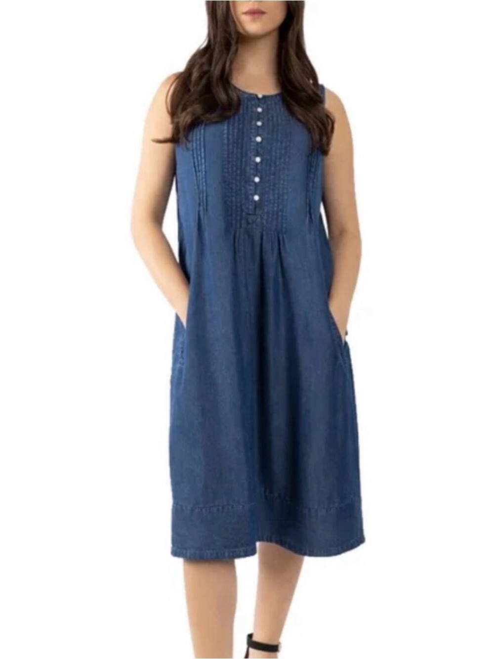 NWT Coldwater Creek Women's Tencel Dark Blue Sleeveless Dress L Prairie Country